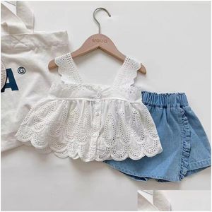 Clothing Sets Girls Outfit Summer Kids Clothes Lace Edge Pure White Baby Girl Casual Suspender Denim Skirt Childrens 230523 Drop Del Dhbwv