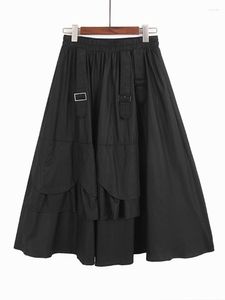 Kjolar elastisk midje kjol mode veckad fläktficka 2023 sommarminoritet lös elegant khaki trendiga kläder y347