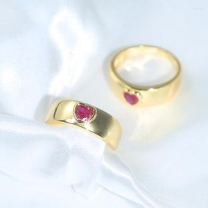 Cluster Rings Real 925 Sterling Silver Ring Paved Red Heart CZ For Women Lady Wedding Jewelry Plated Gold Color Wide Band Drop Ship