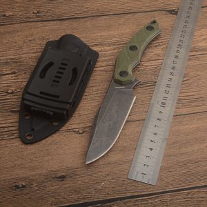 1Pcs G2563 Survival Straight Knife 8Cr13Mov Stone Wash Drop Point Blade Full Tang Green G10 Handle Outdoor Camping Hiking Hunting Fixed Blade Knives with Kydex