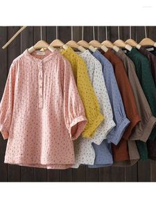 Blusas femininas 9 cores - lamtrip flores retrô rústico fios de algodão macia de stand stand colar camisa top mori girl roupas 2023 verão