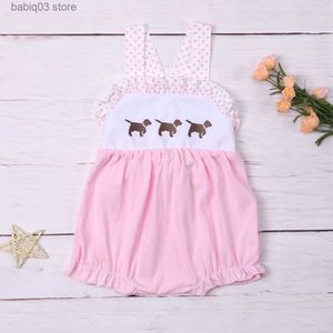 Strampler für Neugeborene, rosa Strampler, Babi-Mädchen-Kleidung, süßer Welpe, Stickerei, Body, Outfit, Ärmel, einteilig, Shorts, Punkte, Overall für 0–3 Jahre, T230529