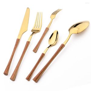 Conjuntos de utensílios de jantar 1/2pcs maçaneta de madeira conjunto de talheres de ouro