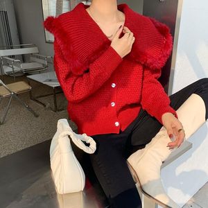 Malhas femininas suéter feminino limitado na marinha pêlos de lapela para borda Cardigan 2023 inverno com uma borda