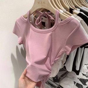 女性のTシャツ女の子ホルターo首の女性夏半袖折りたきトリミングTシャツクロップトップトップレディプレーンカラースリムティー