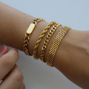 Charm Bracelets 18K Gold Plated Curby Bracelet Vintage Mesh WATERPROOF Jewelry Anti Tarnish Valentines Day Gift For Her 2023