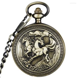 Pocket Watches Double Horse Vintage Bronze Retro Mechanical Skeleton Hollow Pendant Necklace Chain Hand Wind