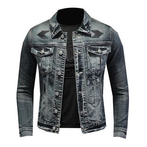 Mens Jackets Motorcycle Denim Jacket Badge Patch Desgin Blue Stretch Cotton Slim Jean Biker Men Spring Autumn Outerwear Coat
