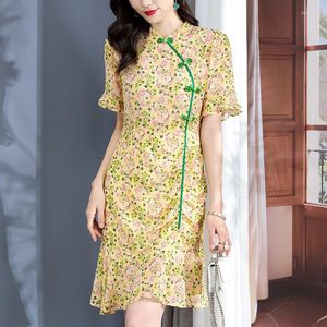 Party Dresses Chinese Style Women's Cheongsamklänning Real Silk Summer Elegant Vintage For Women Floral Ruffles Mermaid Slim