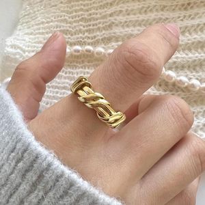 Cluster Rings 18K Gold Plating INS Authentic S925 Sterling Silver Fine Jewelry Irregular Two Rows Twist Rope Tie Up Ring C-J1706
