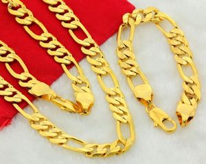 Kolye Küpe Seti Saf Gold Color10mm Erkekler Figaro Zinciri Toptan 24K GP Bileklik Erkekler