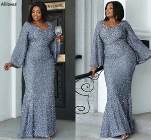 Silver Sequined Aso Ebi Mermaid Evening Dresses Plus Size Long Sleeves Formal Occasion Party Gowns Floor Length Women Second Reception Vestidos De Festa CL2316