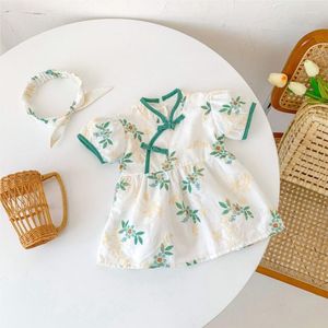 Girl Dresses 2023 Summer Infant Baby Chinese Dress Cheongsam Flower Embroided Short-sleeved Children Clothing For Borns