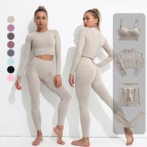 Completo da yoga 2/3/4 pezzi Set da yoga per donna Allenamento senza cuciture Abbigliamento da palestra Fitness Abbigliamento sportivo Tute Leggings a vita alta Manica lunga Crop Top 230526