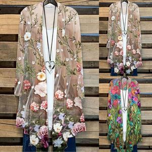 Camicette da donna Scialle in chiffon da donna Stampa floreale Kimono Cardigan Top Abbigliamento da spiaggia largo di grandi dimensioni Coprire la camicetta Camicie hawaiane lunghe da spiaggia