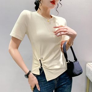 女性用Tシャツ＃6363サマー不規則なシャツの女性半袖タイトなTシャツ女性セクシーなストリートウェアTシャツフェムブラックホワイトベージュ