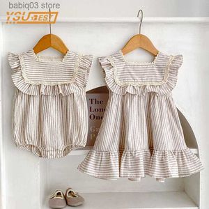 Rompers nyfödda småbarn baby flickor strips jumpsuit sommar söt mode baby flickor ärmlösa barn prinsessa klänning flickor syster kläder t230529