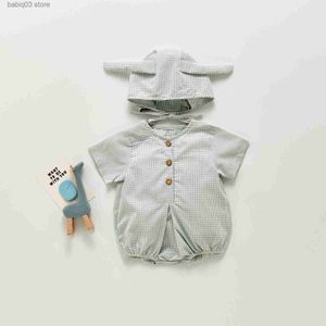 Rompers夏2021年夏、素敵な幼児の少年ジャンプスーツの衣装ソリッドカラー半袖格子縞のロンパー +キャップ新生児の柔らかい通気性Coz T230529