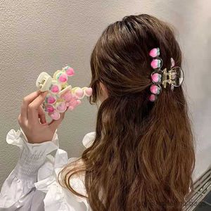 Other New Peach Crystal Hair Clips for Women Pink Sweet Cute Girl Hair Claw Half-high Ponytail Crab Shark Clip Hair
