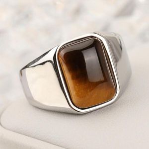 Cluster Rings Tiger Eye Signet Ring Natural Gemstone Stainless Steel Waterproof Handmade Jewellery For Men Women Man Father's Day Gift