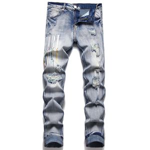 AM Designer American Blue Letter Print High Street Ripped Slim Fit Distressed Trendy Fashion Jeans Denim Pant