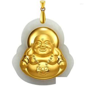 Hänge halsband Hetian Natural Stone Pendants Plate Gold Laughing Buddha Rope Chain Necklace For Women Men mode smycken Drop Del Dhgji