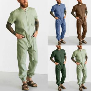 Men's Pants Men Spring Summer Short Sleeve Long Solid Jumpsuit Fashion Button With Pockets Silver JumpsuitMen's