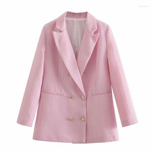 Kvinnors jackor 2023 Kvinnor Fashion Pink Double Breasted Tweed Jacka Female Pocket Turn-Down Collar Långärmad kappa Casual Streetwear