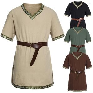 Mäns avslappnade skjortor vintage medeltida riddare krigare tunika skjorta män kort ärm chevalier viking pirate halloween larp cosplay outfit