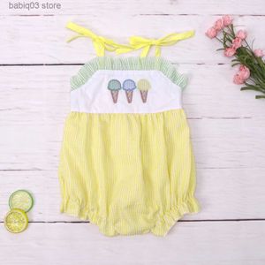 Rompers New Born Romper Babi Girls Closey Ice Embroidery Bodysuit Yellow Seersucker Wother Sleeve One Piece Shorts 0-3t Jumpsuit T230529