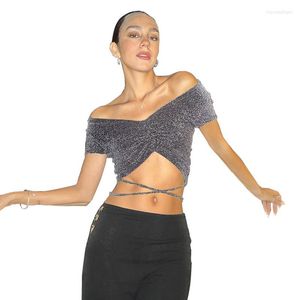 Women's T Shirts 2023 Summer Silver Tops Sexy Off The Shoulder For Women Patchwork Bandage Short Sleeve Y2k Crop Top