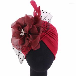 Etniska kläder 2023 Feather Flower Turban Caps For Women headwrap motorhuven redo att bära Hijab Cap muslimsk huvuddukshatt Lady Accessory