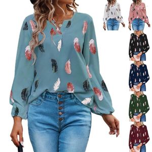 Women's Blouses Spring Summer Casual Woman Shirts With Feather Printed Fashion Commute Elegant V-collar Long Sleeves Breathable N7YD