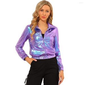 Women's Jackets Women Shiny Holographic Laser Coats Long Sleeve Jakcet Elastic Hem Sexy Club Zip Clothes Winter Nightwear S-7XL