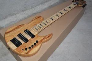 6 Strings Natural Wood Color Electric Bass Guitar Neck Through Ash Body Flame Maple Top Black Hardware Maple Fingerboard 9V Battery Active pickups