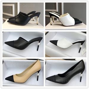 designer mules women heels pump shoes pearl heels slip on high heel mule pumps real leather cap toe slingback Heels beige black white evening wedding party dress shoe