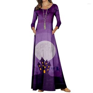 Sukienki swobodne jesień kobiety Halloween fioletowy druk luźna sukienka pullover elegancka retro harajuku długie rękaw długość podłogi