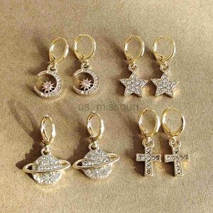 Stud ZX Shiny Crystal Rhinestone Moon Star Cross Earrings for Women Wedding Party Hoop Huggies Earrings Wholesale Jewelry Girl Gifts J230529