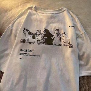 Tシャツbiggorange harajuku漫画かわいい猫のプリントOneckショートスリーエレブンTshirt女性日本人カップルy2kトップス美的服