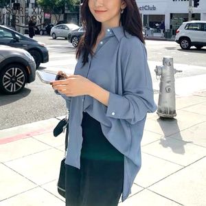 Kvinnors blusar Autumn Vintage Plus Size Chiffon Blue Women 2023 Korean Long Sleeve Shirts Blue Button Cardigan Womens Tops 11398