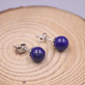 Studörhängen Real Sterling 925 Silver Round Ball Natural Lapis Lazuli Women's Vintage Jewelry Gift