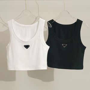 Women Prra Tops Tees Beige Crop Top Embroidery Sexy Of Shoulder Black Tank Top Casual Sleeveless Backless Shirts Luxury Designer Solid Color Lady Vest
