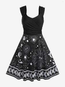 Sıradan elbiseler rusegal artı boyutta güneş ay yıldız baskı crossover elbise kadınlar yaz vintage yüksek bel bir çizgi parlama vestidos 4xl