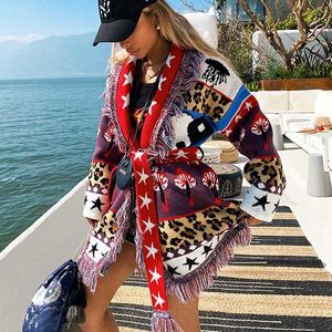 Cardigans luxury red fringed jacquard cardigan women wrapped long sleeve cashmere cardigan bohemian knited cardigan long