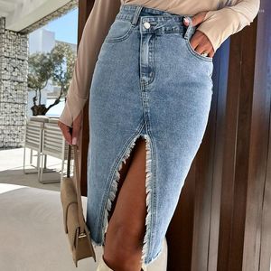 Gonne Ardm Eleganti jeans aderenti a vita alta per le donne Abito longuette da donna da ufficio Gonna di jeans spaccata con frange vintage