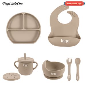 Cups Dishes Utensils Free Personalized Name Baby Silicone Tableware Set Baby Feeding Dishes BPA Free Bowl Plate Bibs Spoon Fork Sippy Cup Baby Stuff 230530