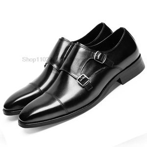 Mens Oxford Shoes äkta läder italienska casualskor Cap Toe Double Buckle Monk Strap Classic Dress Shoes Black Brown Shoe Men