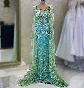 2023年5月Aso ebi Crystals Mermaid Prom Dress Beaded Sloceing Lace Invinging Formal Party 2番目のレセプション誕生日婚約ガウンドレスローブDe Soiree ZJ347