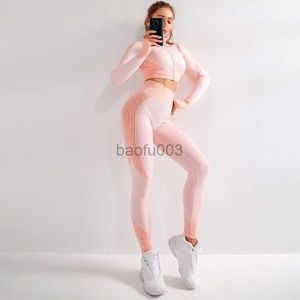 Kvinnors spårdräkter 2 stycke Set Women Sports Suit Gym Workout Clothes Full Zipper långärmad fitness skörd topp hög midja sömlösa leggings set j230525