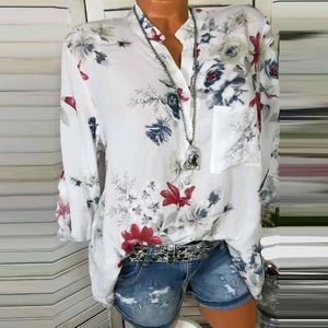 Women's Blouses Flower Print Chiffon Women's Tunic Shirt Fashion Elegant Floral Button Casual Bottom Top Long Sleeves Irregular Blouse